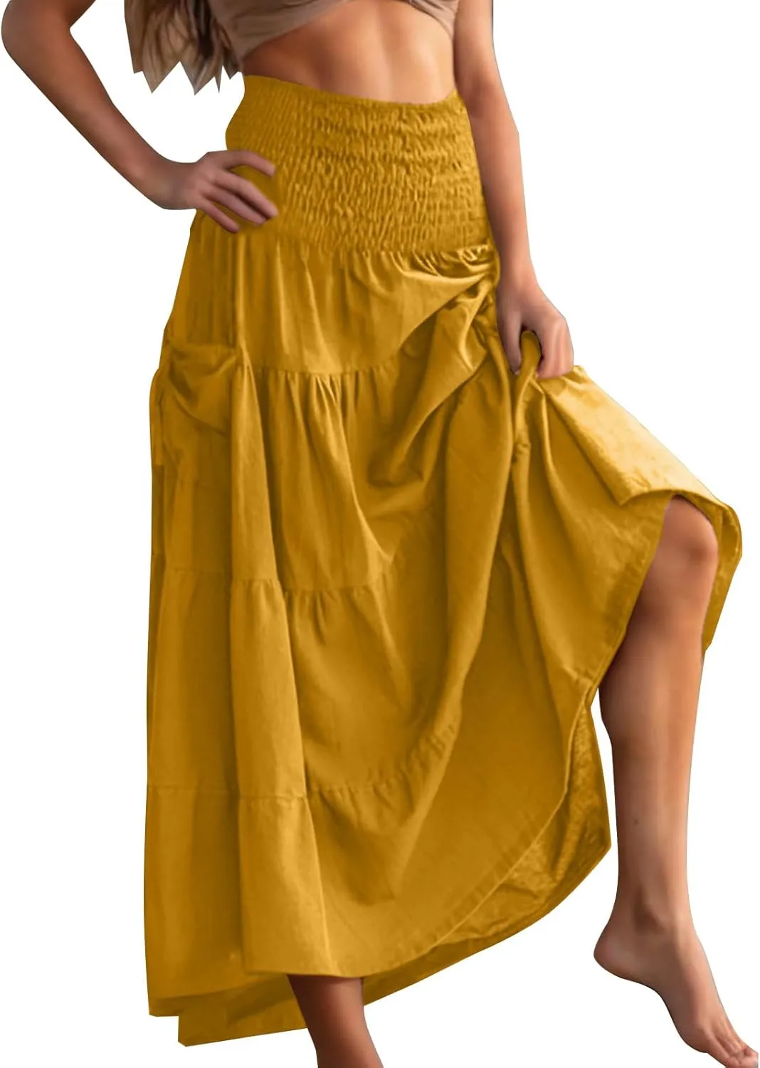 Summer Skirts for Women Cotton Beach Vacation Tiered Maxi Skirt Elastic High Waist Flowy Pleated Ruffle A Line Skirt