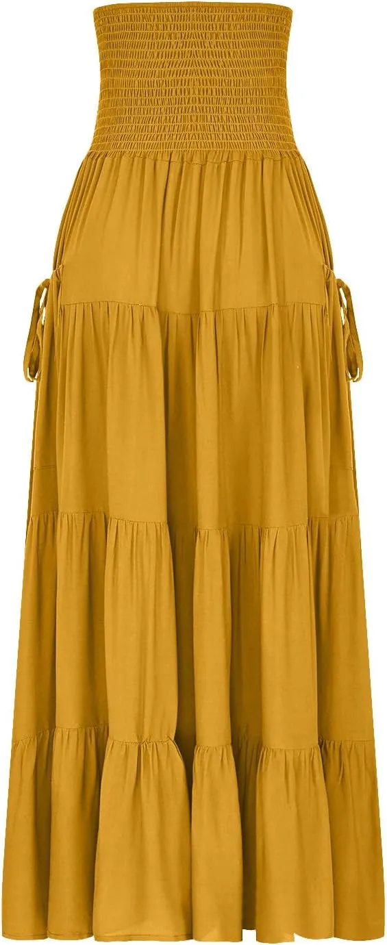 Summer Skirts for Women Cotton Beach Vacation Tiered Maxi Skirt Elastic High Waist Flowy Pleated Ruffle A Line Skirt