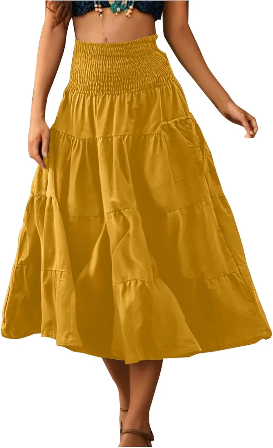 Summer Skirts for Women Cotton Beach Vacation Tiered Maxi Skirt Elastic High Waist Flowy Pleated Ruffle A Line Skirt