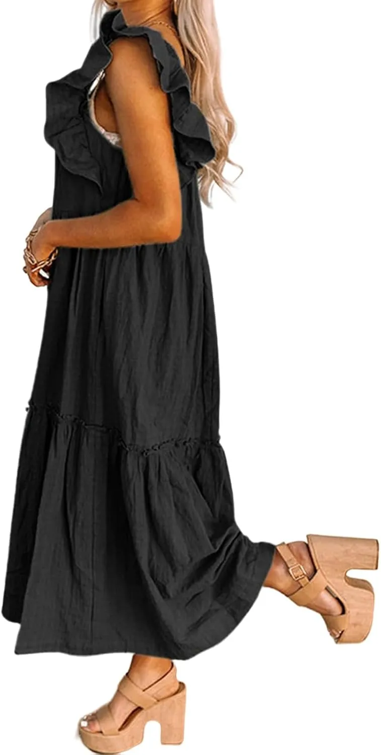 Sundresses for Women Casual A Line Square Neck Long Dress Fashion Off Shoulder Style Elegant Ruffle Hemline Maxi Dresses