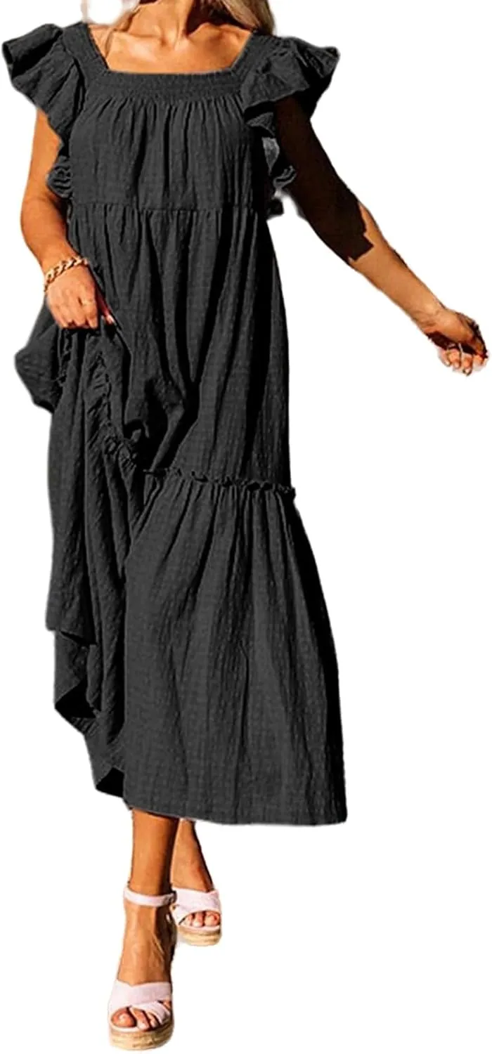 Sundresses for Women Casual A Line Square Neck Long Dress Fashion Off Shoulder Style Elegant Ruffle Hemline Maxi Dresses