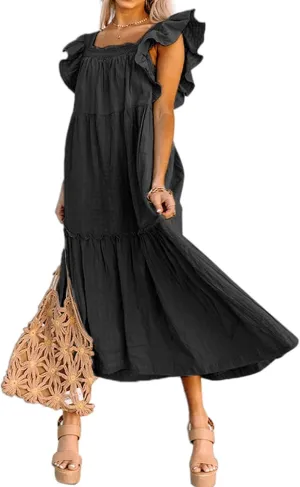 Sundresses for Women Casual A Line Square Neck Long Dress Fashion Off Shoulder Style Elegant Ruffle Hemline Maxi Dresses