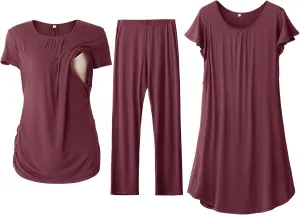 SUNNYBUY Women 3 PCS Maternity Nursing Nightgown Dress & Short Sleeve Breastfeeding Top & Pregnancy Pants Sleepwear Set