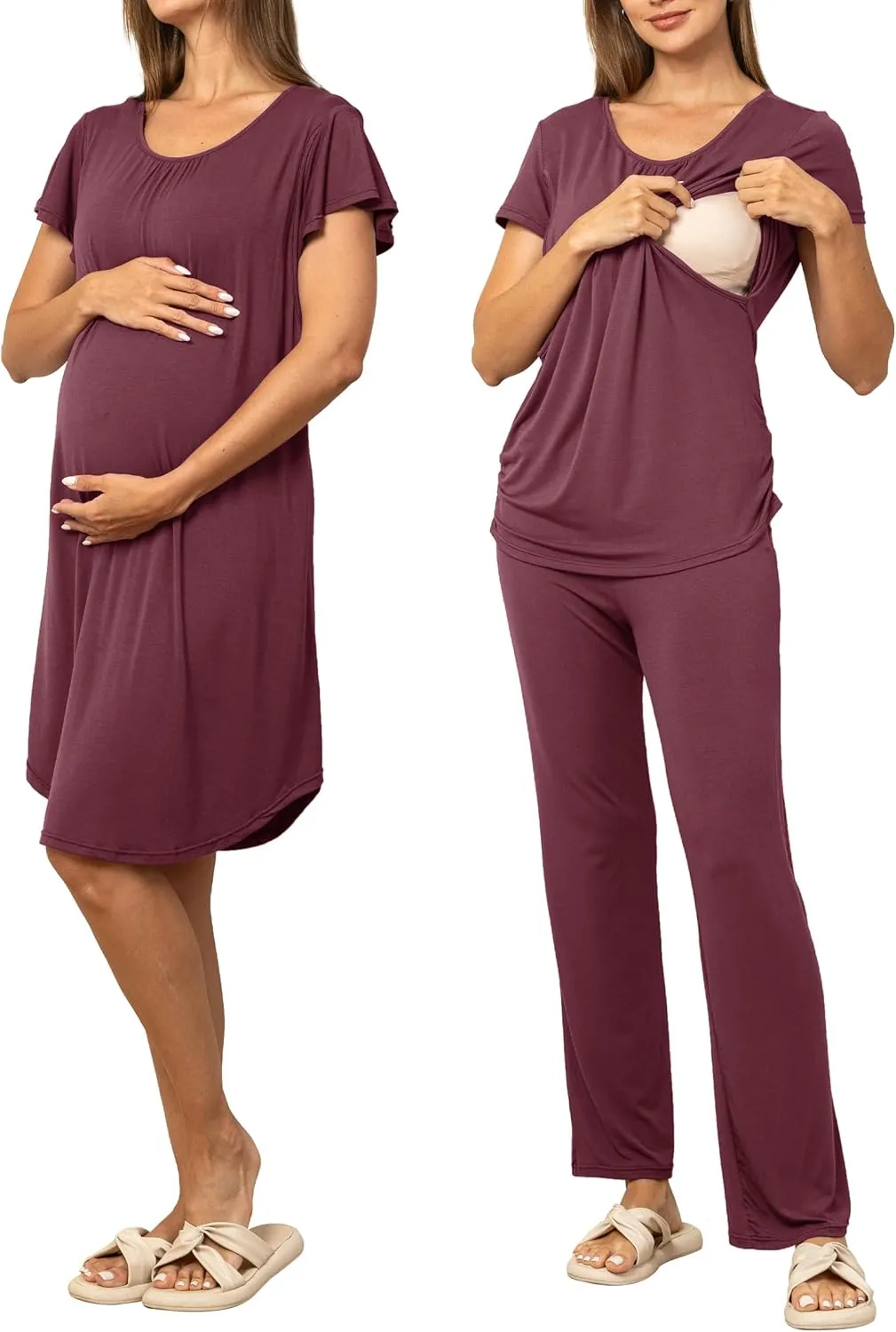 SUNNYBUY Women 3 PCS Maternity Nursing Nightgown Dress & Short Sleeve Breastfeeding Top & Pregnancy Pants Sleepwear Set