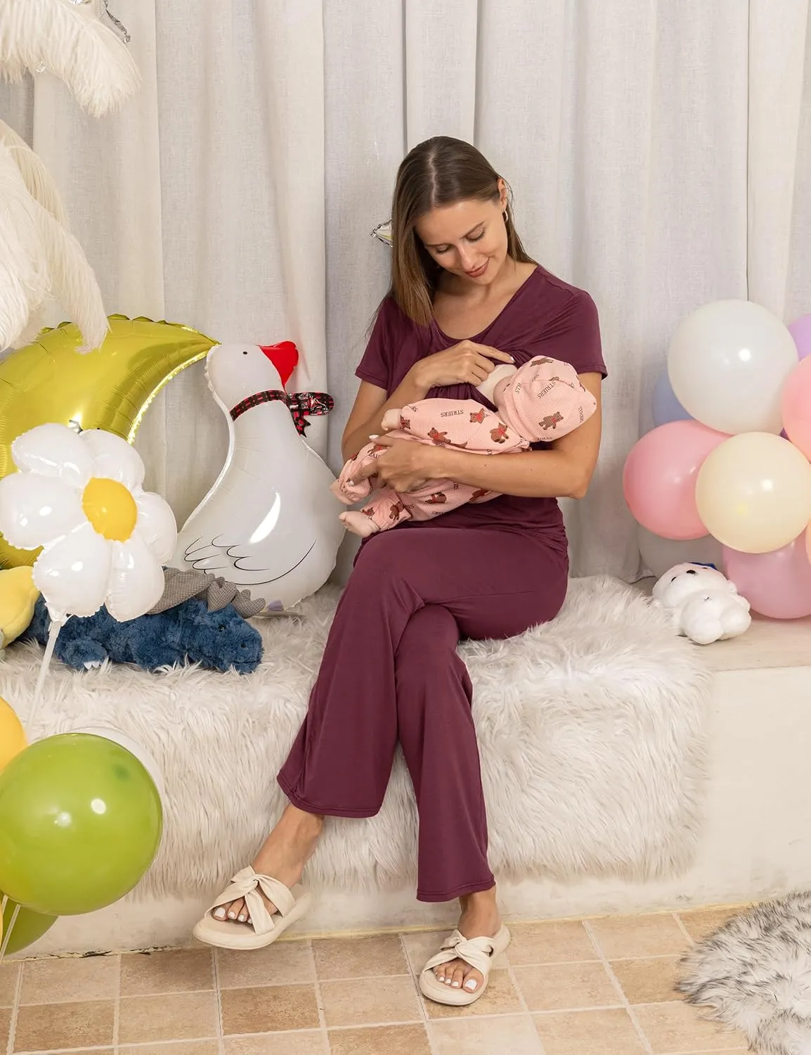 SUNNYBUY Women 3 PCS Maternity Nursing Nightgown Dress & Short Sleeve Breastfeeding Top & Pregnancy Pants Sleepwear Set