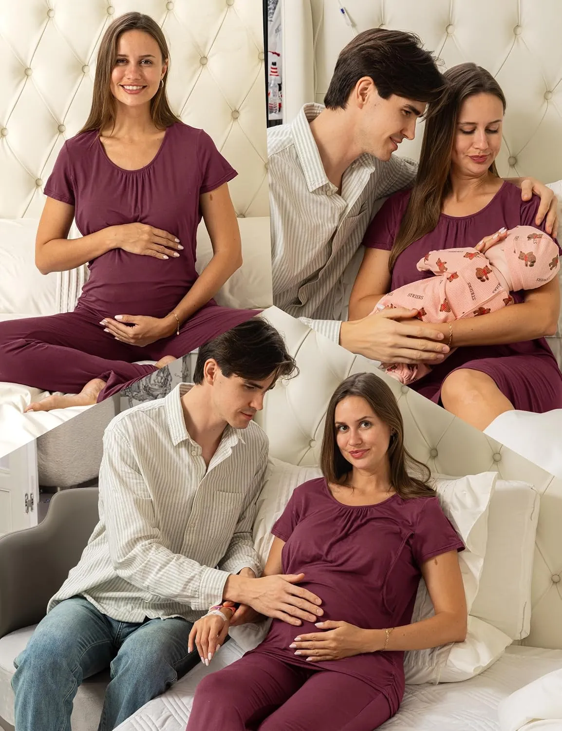 SUNNYBUY Women 3 PCS Maternity Nursing Nightgown Dress & Short Sleeve Breastfeeding Top & Pregnancy Pants Sleepwear Set