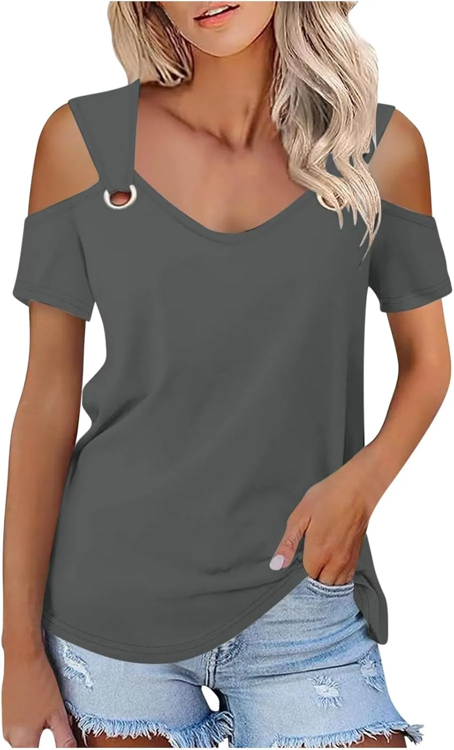T Shirt for Women Sexy Cold Shoulder Summer Tops Casual Printed Short Sleeve Round-Neck Blouse Loose Comfy Tunics