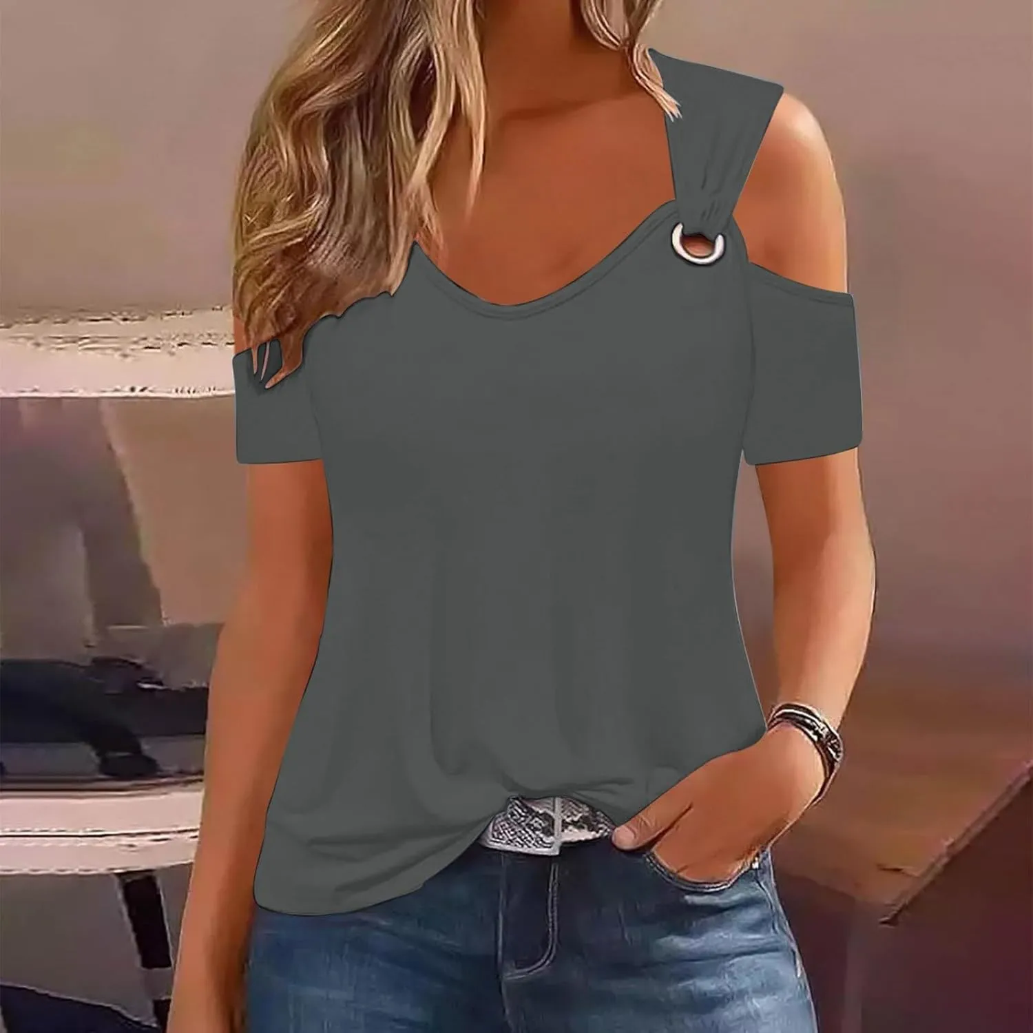 T Shirt for Women Sexy Cold Shoulder Summer Tops Casual Printed Short Sleeve Round-Neck Blouse Loose Comfy Tunics