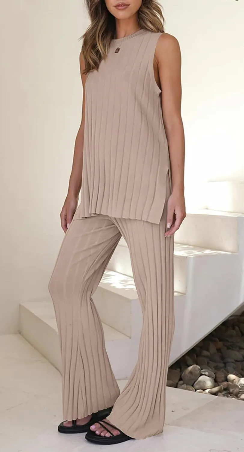 Tankaneo Two Pieces Outfits Sleeveless Top Knit Sets Trendy Lounge Long Pajamas Set