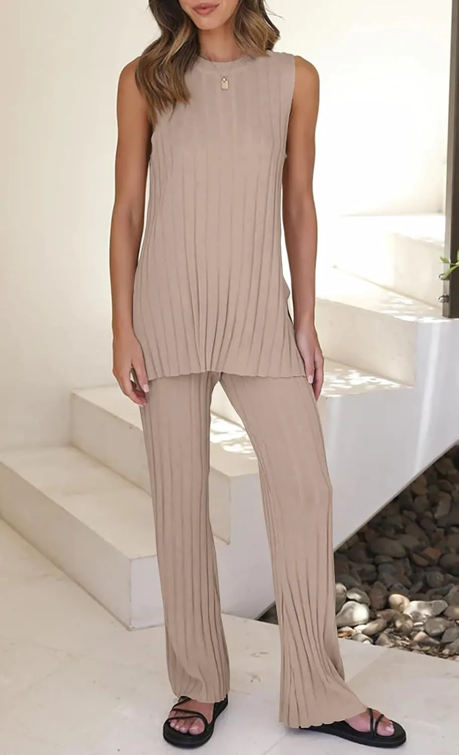Tankaneo Two Pieces Outfits Sleeveless Top Knit Sets Trendy Lounge Long Pajamas Set