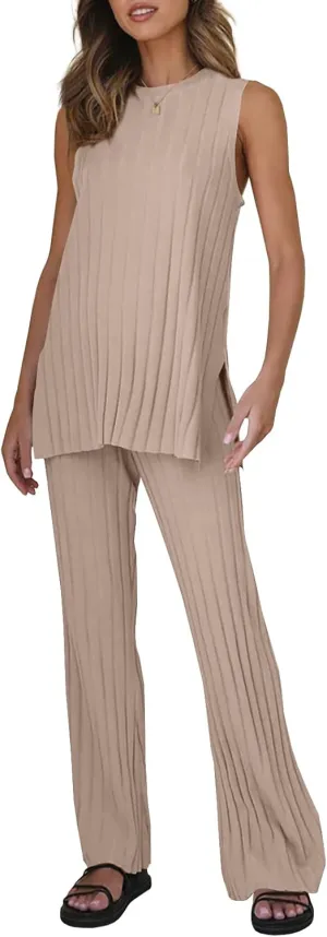 Tankaneo Two Pieces Outfits Sleeveless Top Knit Sets Trendy Lounge Long Pajamas Set