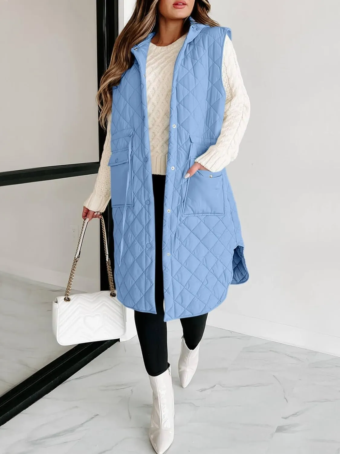 Tankaneo Women's Long Puffer Vest Sleeveless Hood Quilted Winter Outwear Warm Jackets Coats