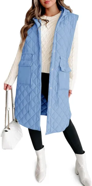 Tankaneo Women's Long Puffer Vest Sleeveless Hood Quilted Winter Outwear Warm Jackets Coats