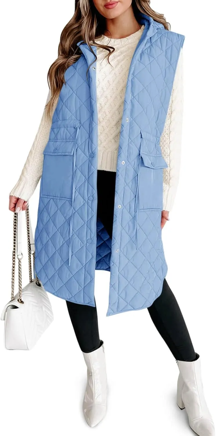 Tankaneo Women's Long Puffer Vest Sleeveless Hood Quilted Winter Outwear Warm Jackets Coats