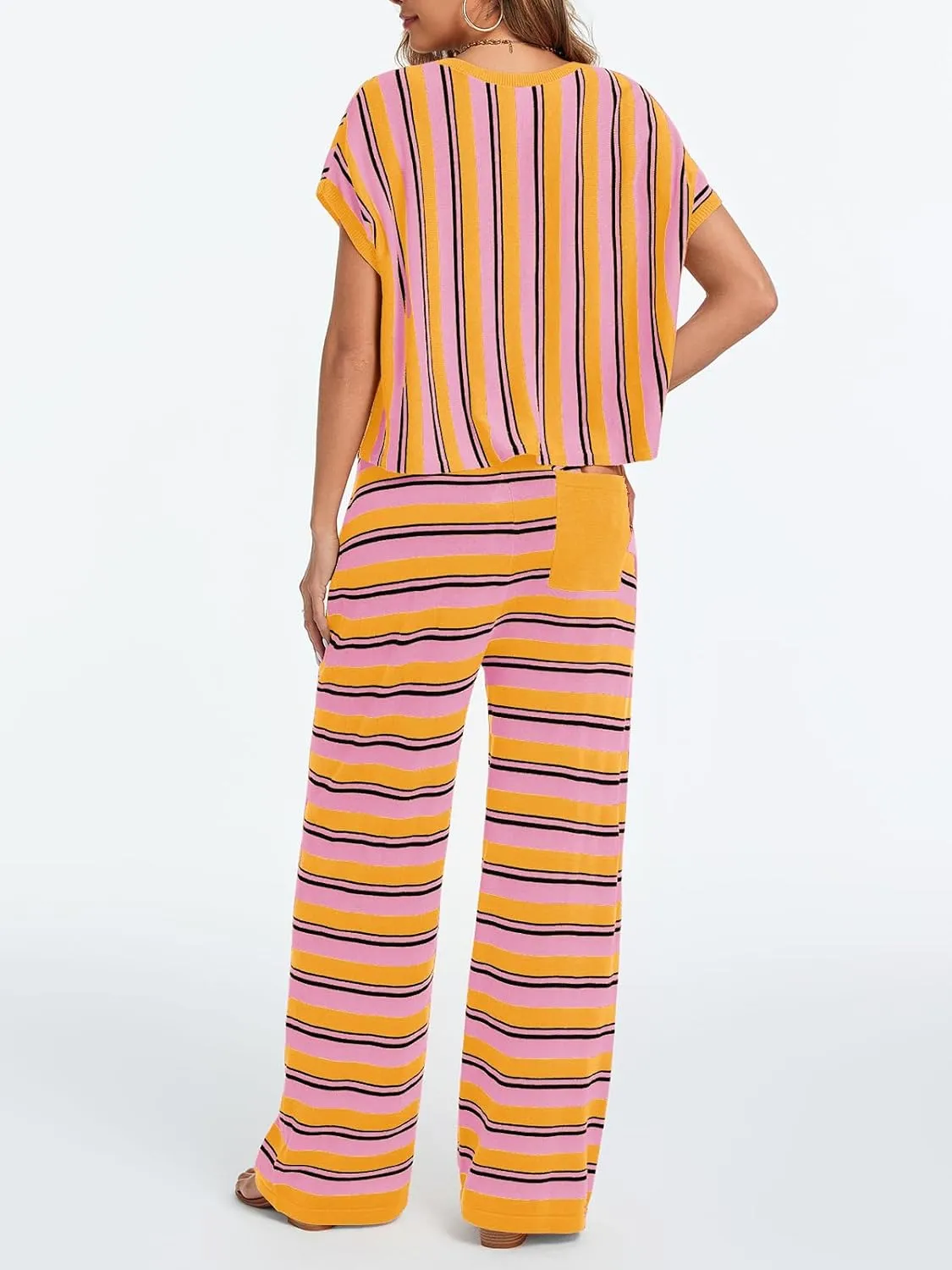 Tankaneo Womens Striped Sweater Set 2 Piece Oversized Batwing Sleeve Crop Tops and Wide Leg Pants Lounge Sets