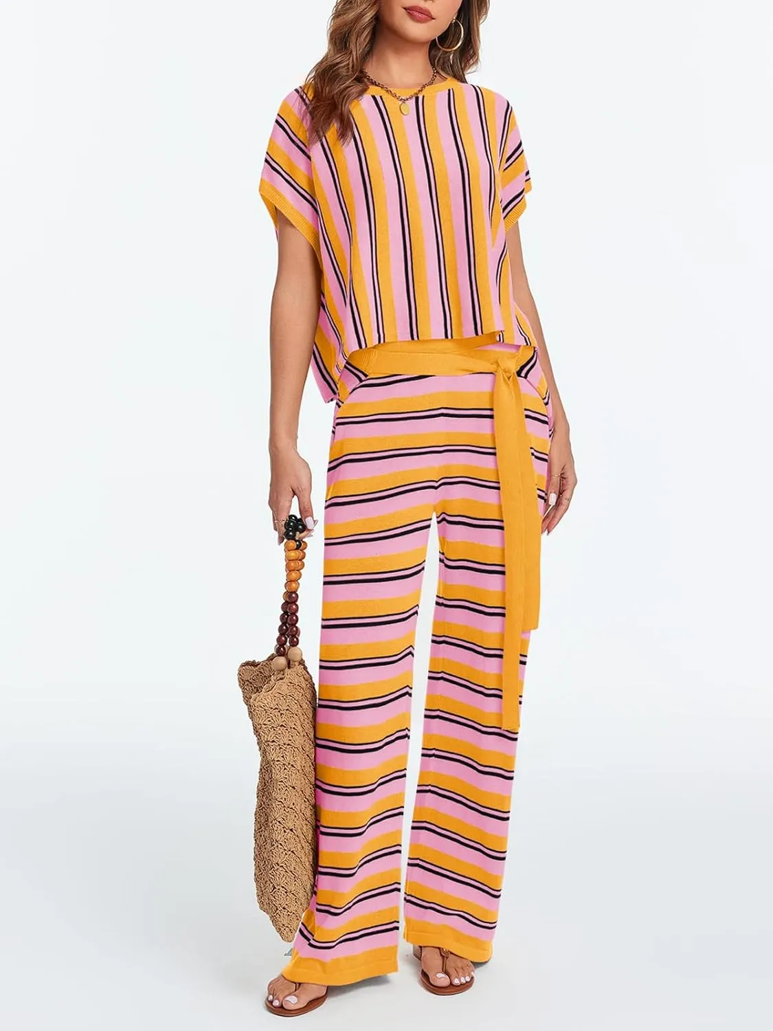 Tankaneo Womens Striped Sweater Set 2 Piece Oversized Batwing Sleeve Crop Tops and Wide Leg Pants Lounge Sets