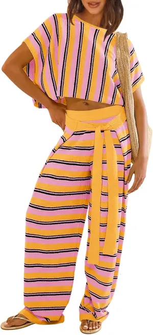 Tankaneo Womens Striped Sweater Set 2 Piece Oversized Batwing Sleeve Crop Tops and Wide Leg Pants Lounge Sets