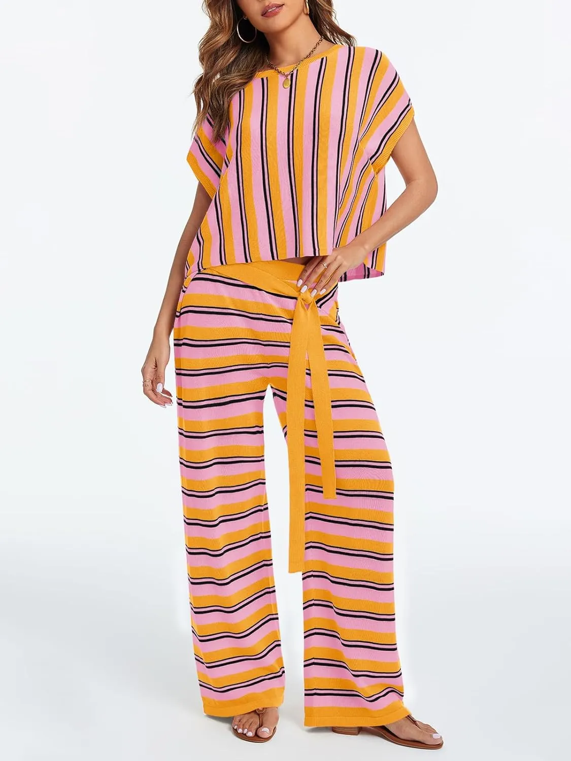 Tankaneo Womens Striped Sweater Set 2 Piece Oversized Batwing Sleeve Crop Tops and Wide Leg Pants Lounge Sets
