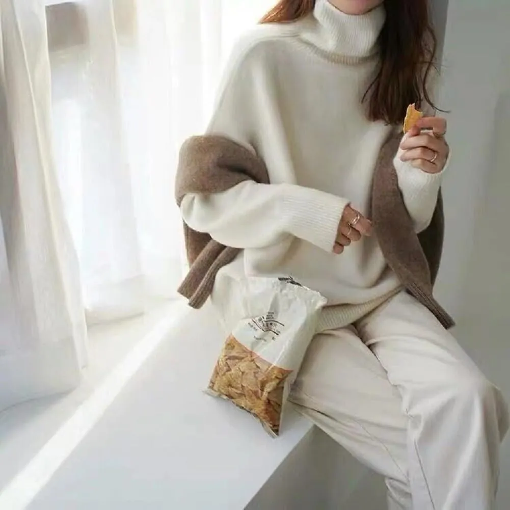 Turtleneck Sweater,Oversized Refined Turtleneck Cashmere Sweater for Women,Winter High Neck Tops Loose Jumpers
