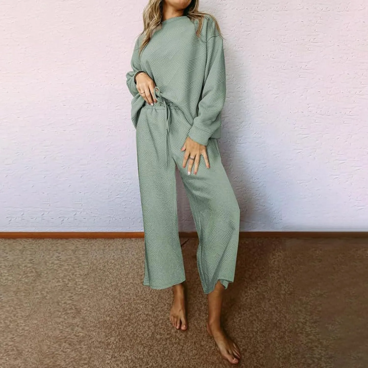 Two Piece Sweatsuits Sets for Women Plus Size Loose Lounge Set Long Sleeve Pullover Top Drawstring Wide Leg Pants Set
