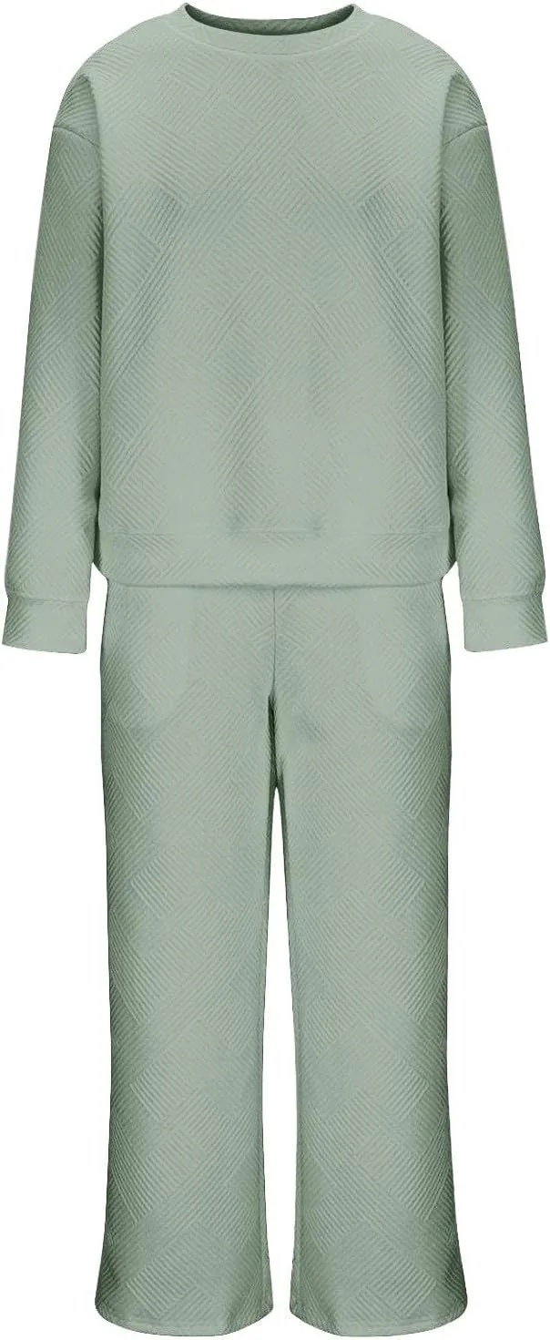 Two Piece Sweatsuits Sets for Women Plus Size Loose Lounge Set Long Sleeve Pullover Top Drawstring Wide Leg Pants Set