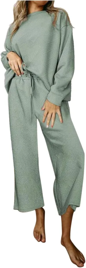 Two Piece Sweatsuits Sets for Women Plus Size Loose Lounge Set Long Sleeve Pullover Top Drawstring Wide Leg Pants Set