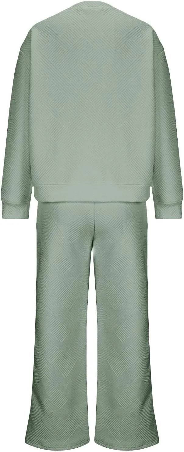 Two Piece Sweatsuits Sets for Women Plus Size Loose Lounge Set Long Sleeve Pullover Top Drawstring Wide Leg Pants Set