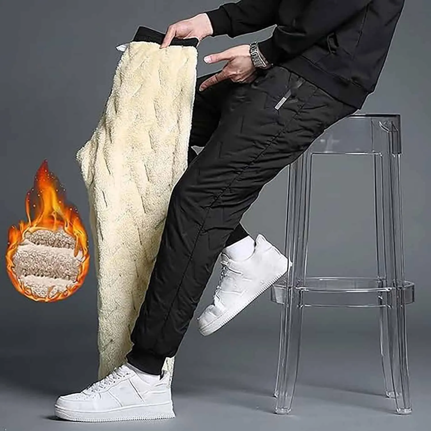 Unisex Lambswool Fleece-Lined Joggers, Men's Winter Fleece Sherpa Lined Sweatpants with Drawstring Running Jogger Pants