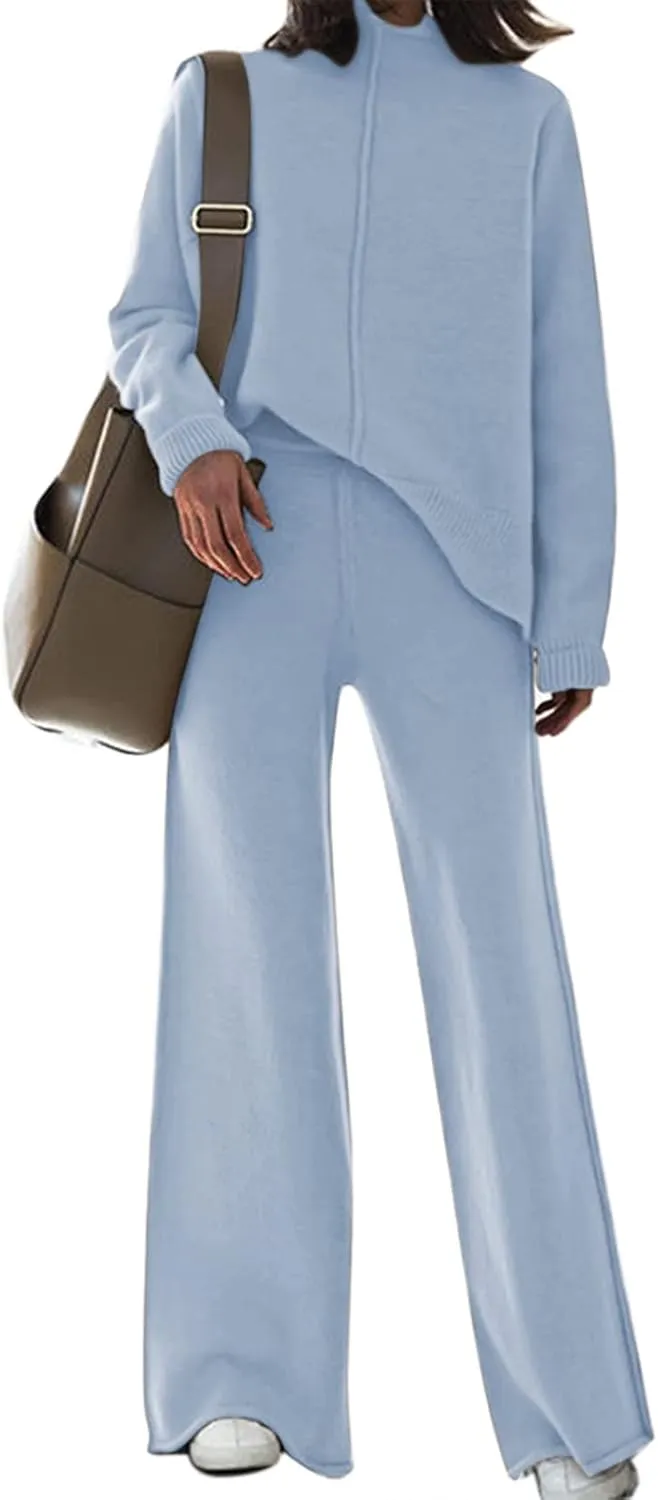 VamJump Women's 2 Piece Outfits Lounge Sets Long Sleeve High Neck Sweater Pullover Top Wide Leg Pants Sweatsuit Sets