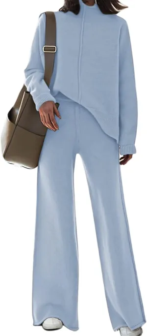 VamJump Women's 2 Piece Outfits Lounge Sets Long Sleeve High Neck Sweater Pullover Top Wide Leg Pants Sweatsuit Sets