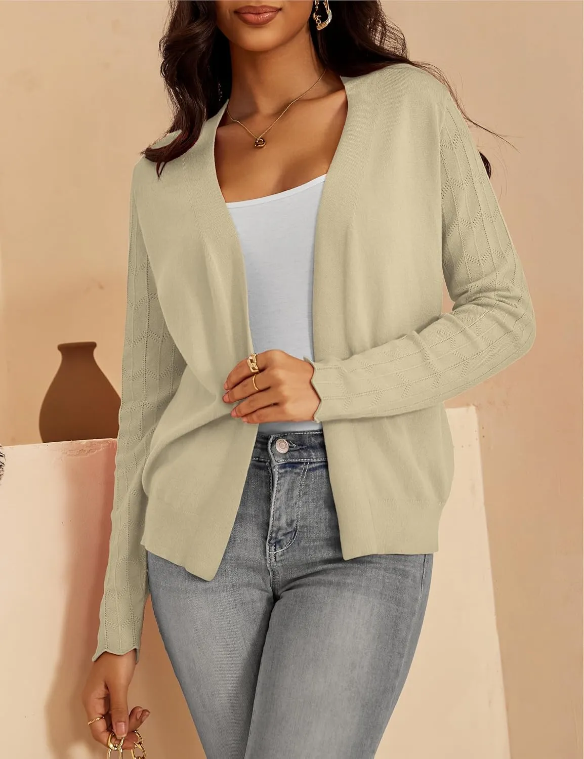 VOIANLIMO Womens Cardigan Lightweight Open Front Knit Long Sleeve Cardigans Sweaters for Women