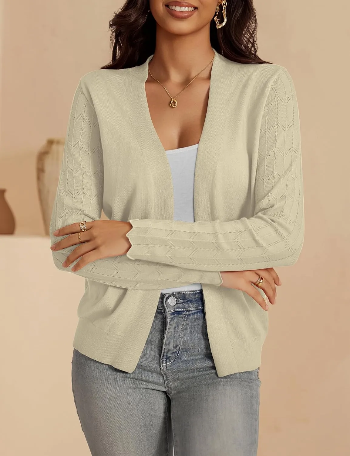 VOIANLIMO Womens Cardigan Lightweight Open Front Knit Long Sleeve Cardigans Sweaters for Women