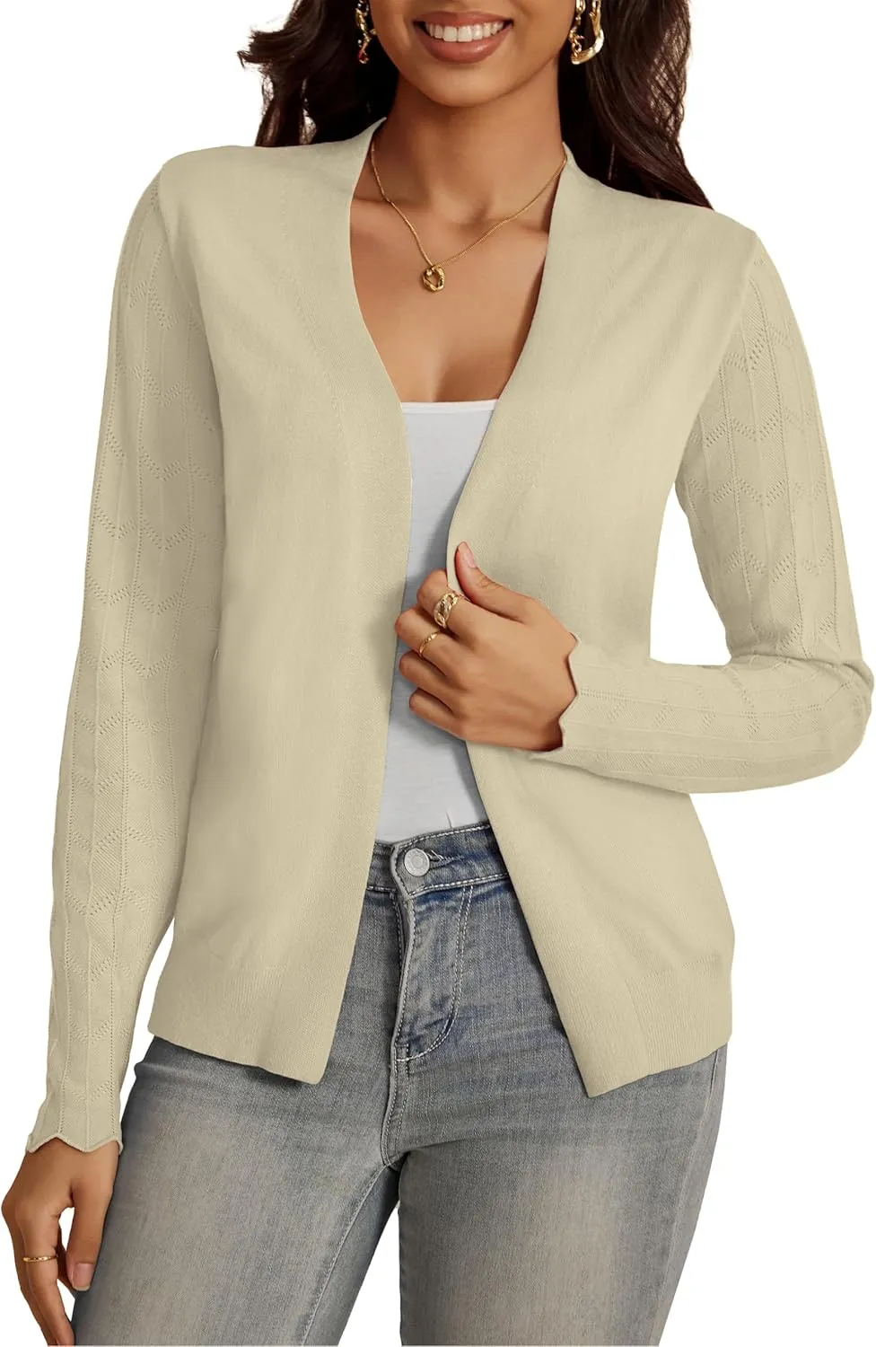 VOIANLIMO Womens Cardigan Lightweight Open Front Knit Long Sleeve Cardigans Sweaters for Women