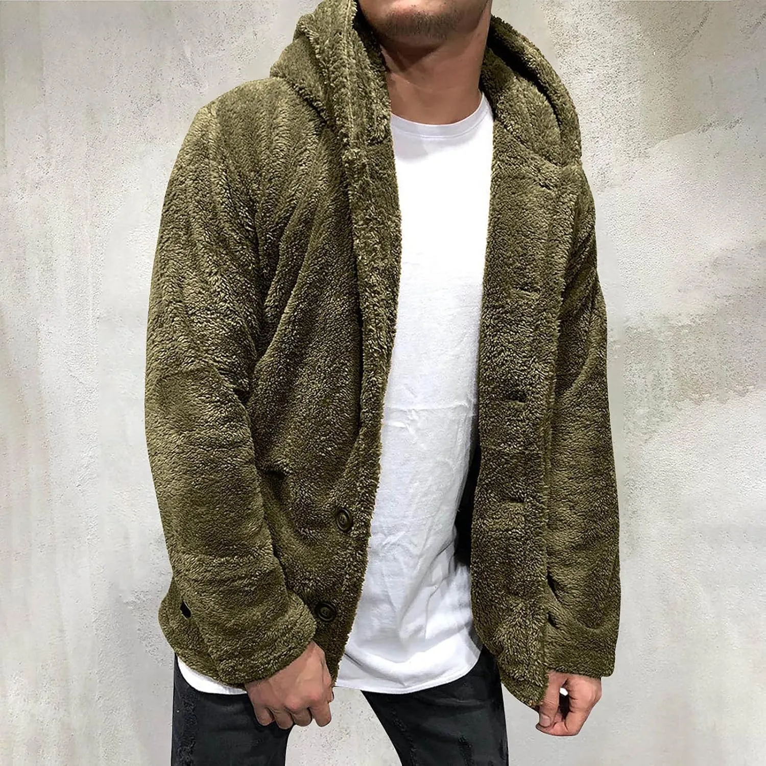 WENKOMG1 Men's Plush Hooded Jacket, Solid Color Warm Coat Fall/Winter Overcoat Loose Casual Corduroy Outerwear
