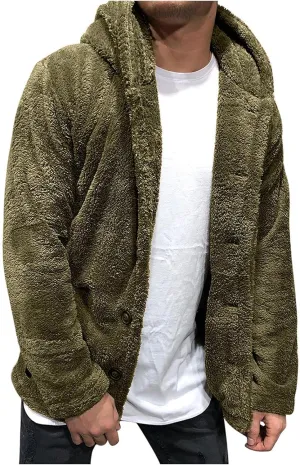 WENKOMG1 Men's Plush Hooded Jacket, Solid Color Warm Coat Fall/Winter Overcoat Loose Casual Corduroy Outerwear