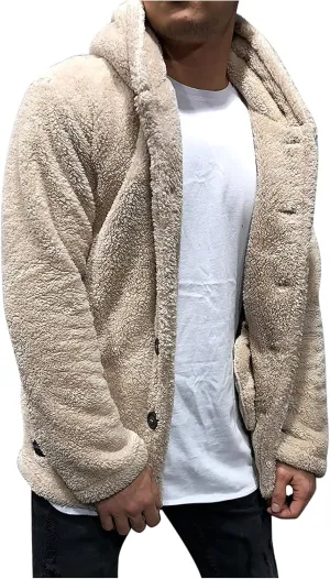 WENKOMG1 Men's Plush Hooded Jacket, Solid Color Warm Coat Fall/Winter Overcoat Loose Casual Corduroy Outerwear
