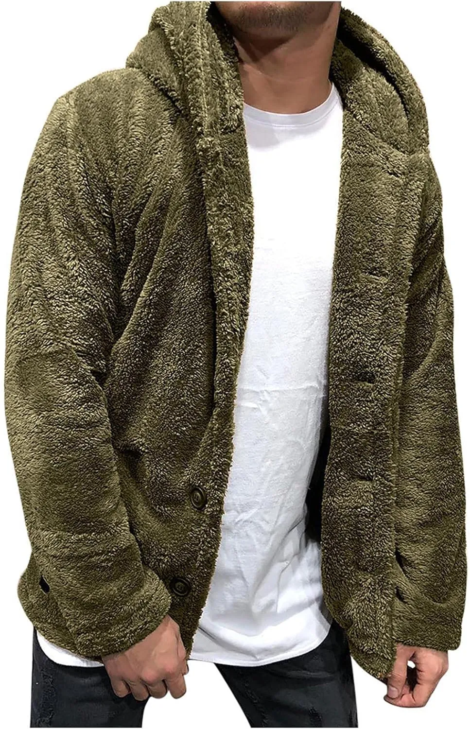 WENKOMG1 Men's Plush Hooded Jacket, Solid Color Warm Coat Fall/Winter Overcoat Loose Casual Corduroy Outerwear