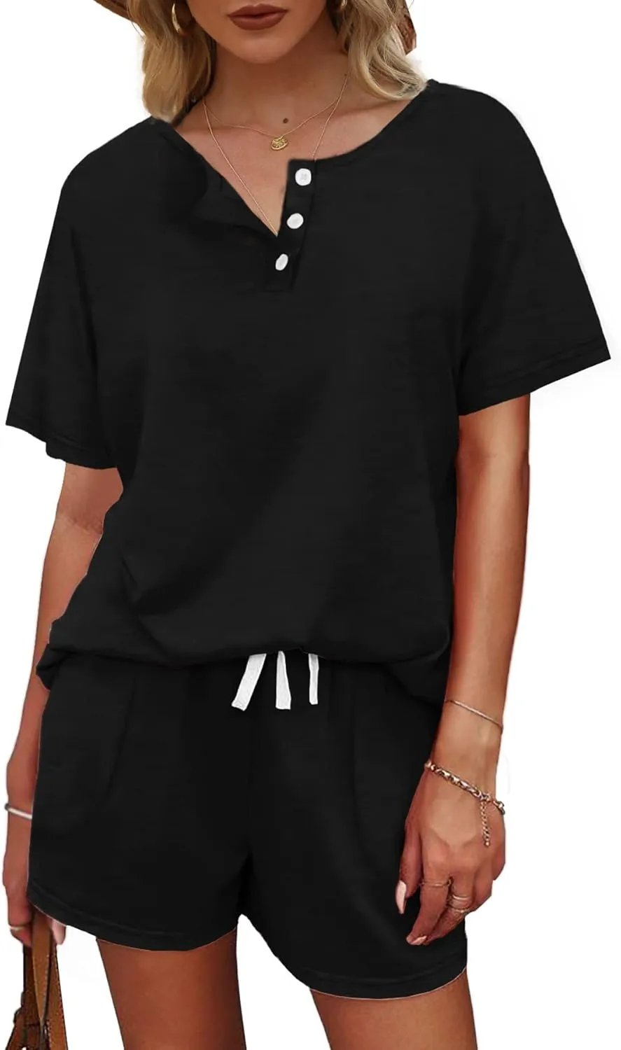 WIHOLL Two Piece Outfits for Women Lounge Sets Button Down Top and Shorts Set Sweatsuits with Pockets
