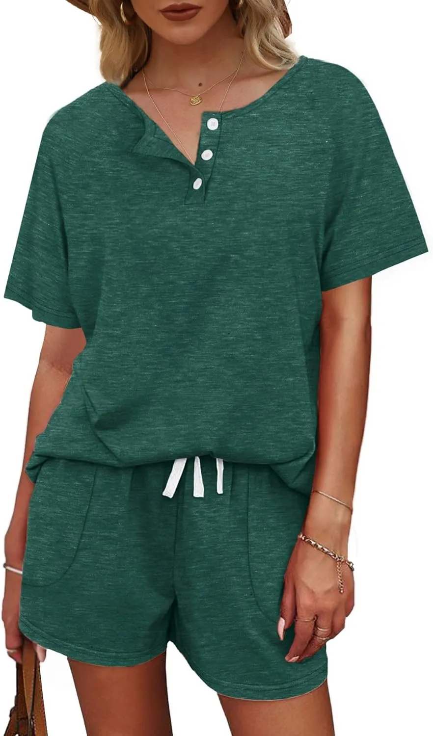 WIHOLL Two Piece Outfits for Women Lounge Sets Button Down Top and Shorts Set Sweatsuits with Pockets