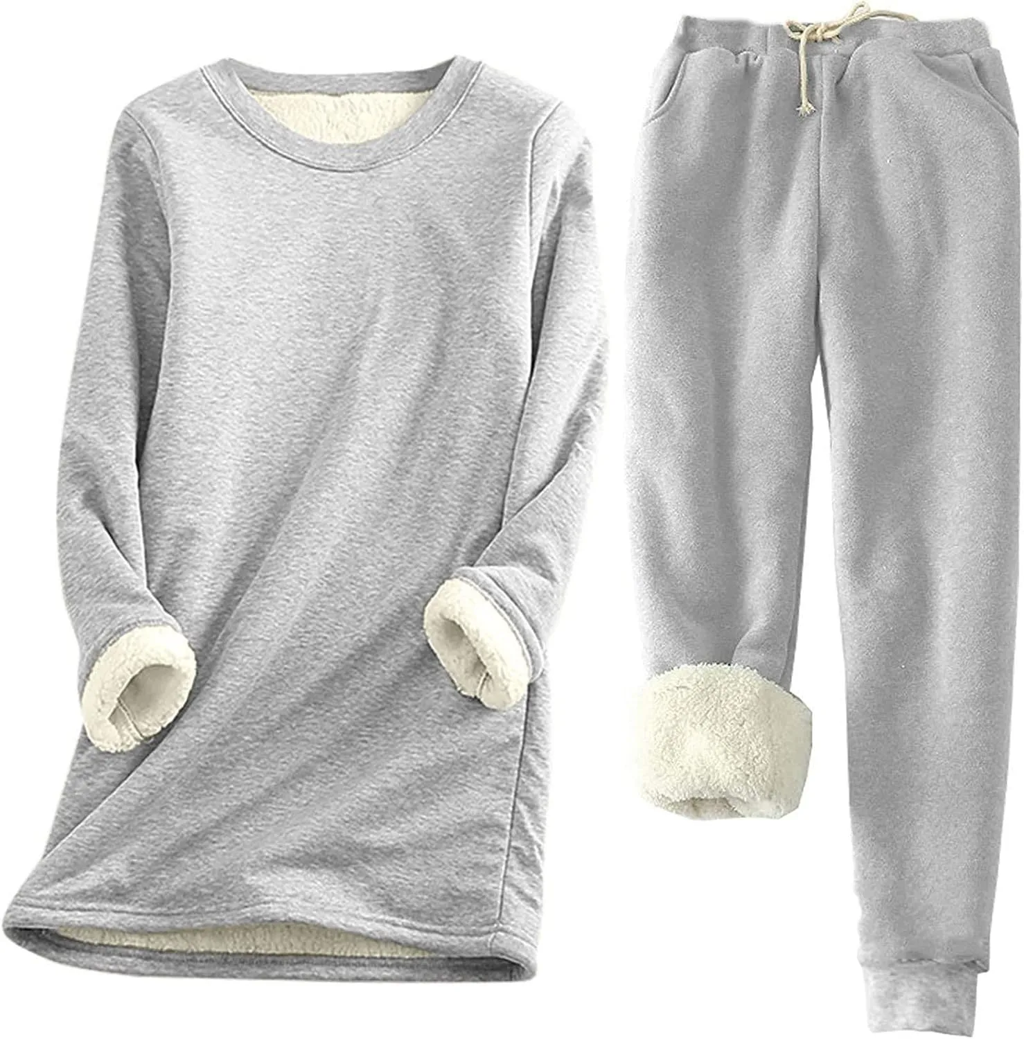 Winter Lounge Sets for Women Cozy Warm Two Piece Outfits Fuzzy Fleece Lined Long Sleeve Pullover with Pants