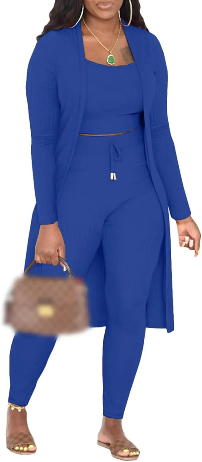 Women 3 Piece Lounge Sets Cozy Loungewear Long Sleeve Cardigan Crop Tank Top Pants Outfit Blue XL