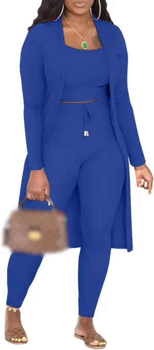 Women 3 Piece Lounge Sets Cozy Loungewear Long Sleeve Cardigan Crop Tank Top Pants Outfit Blue XL