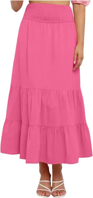 Women A-Line Pleated Elastic High Waist Maxi Skirt Ankle Length Flowy Swing Elegant Dressy Casual Work Long Skirts