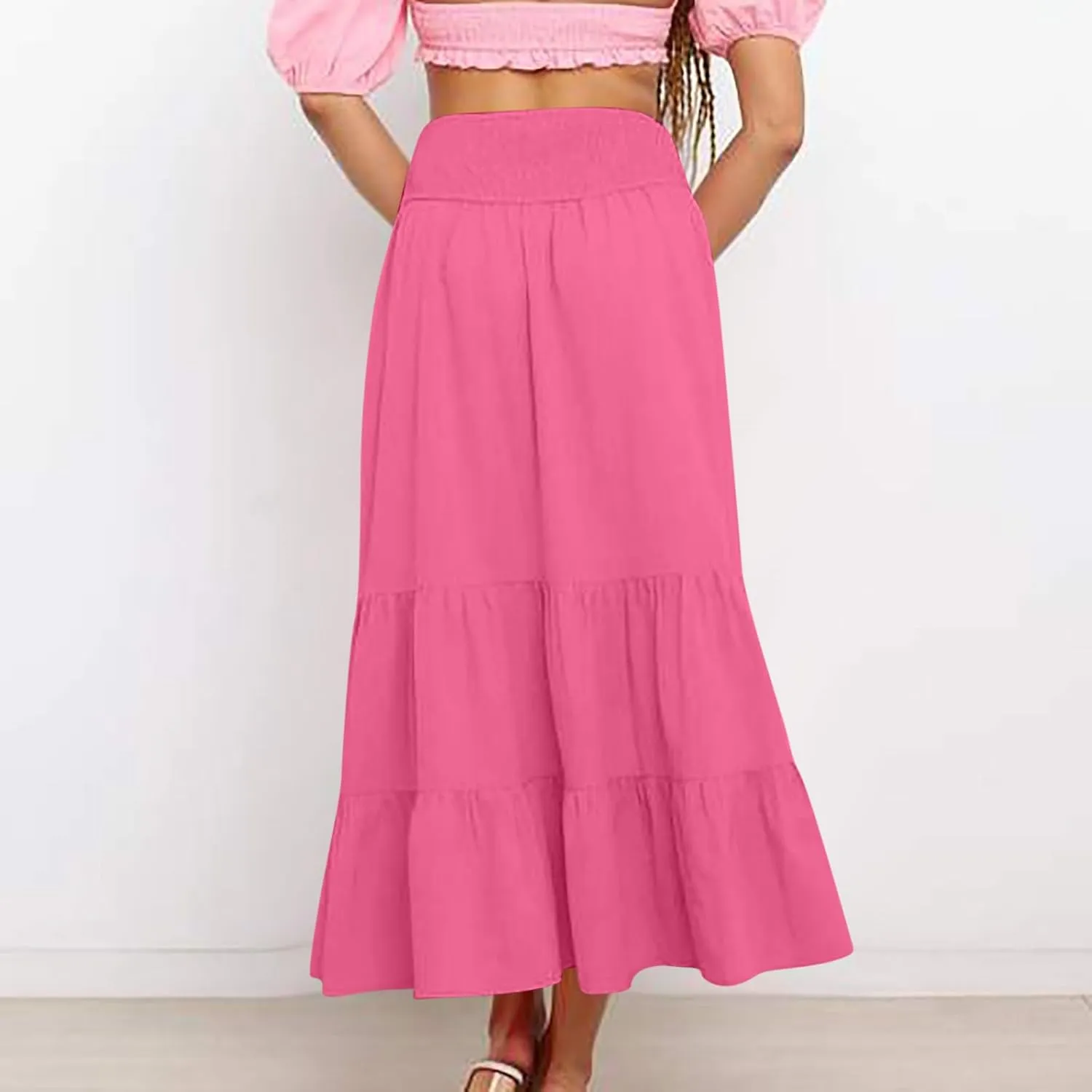 Women A-Line Pleated Elastic High Waist Maxi Skirt Ankle Length Flowy Swing Elegant Dressy Casual Work Long Skirts