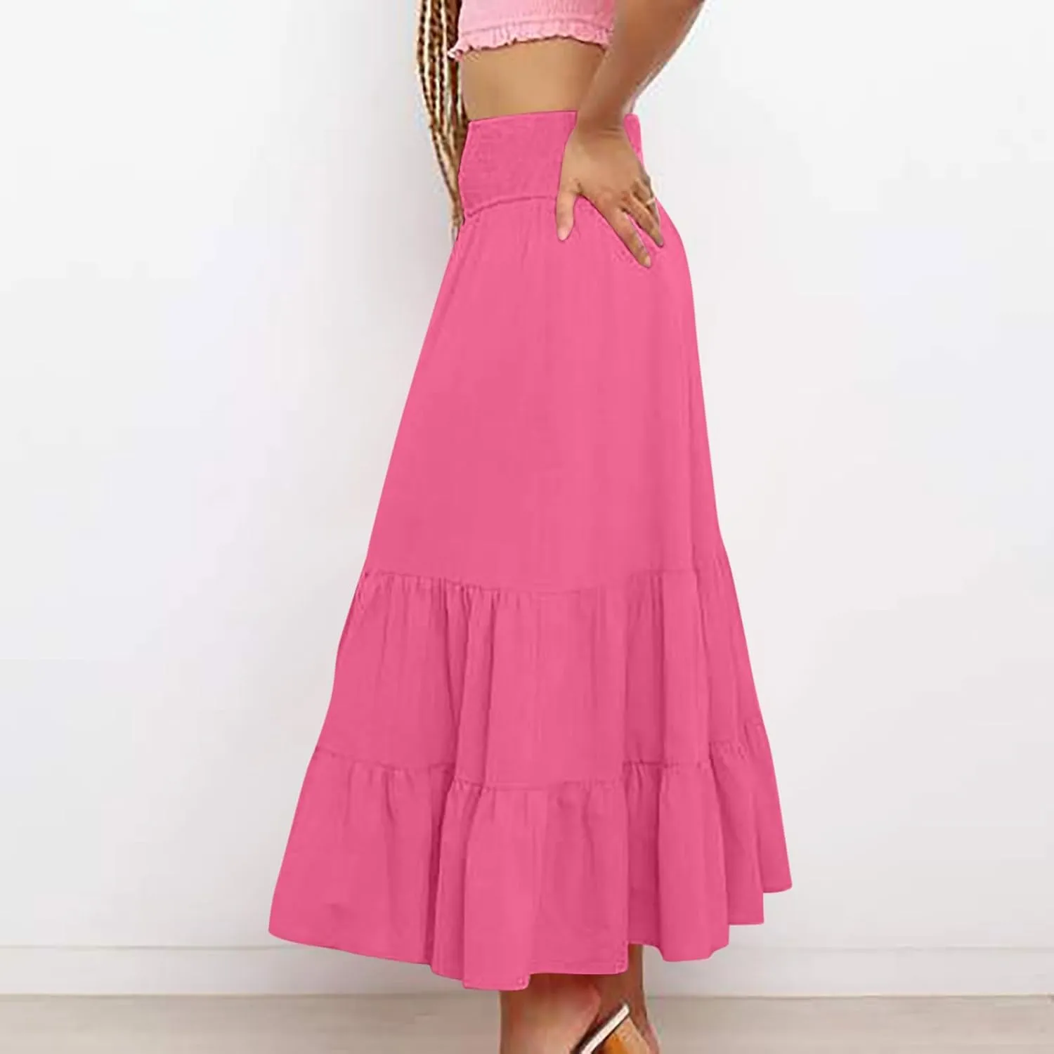 Women A-Line Pleated Elastic High Waist Maxi Skirt Ankle Length Flowy Swing Elegant Dressy Casual Work Long Skirts