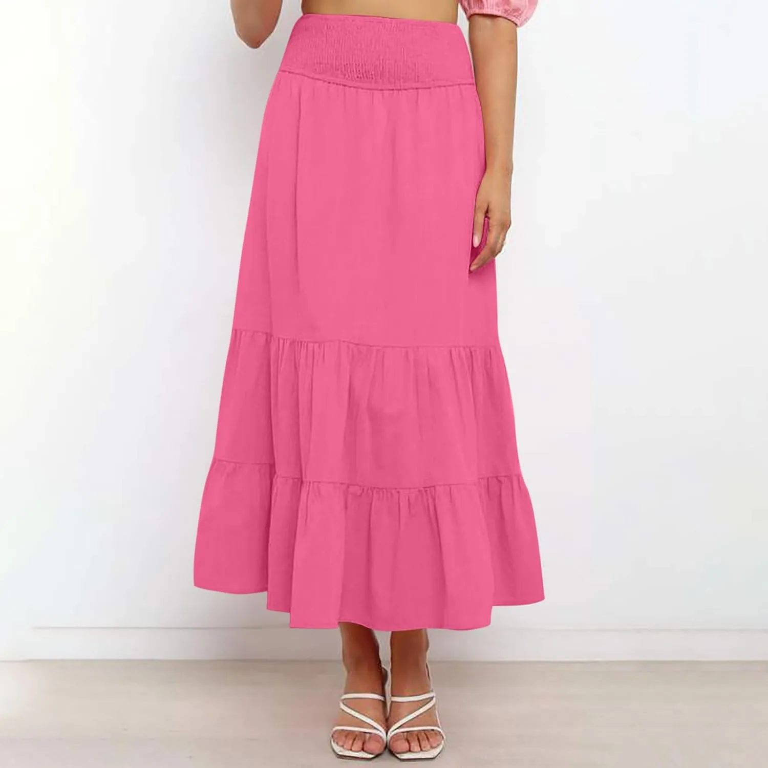 Women A-Line Pleated Elastic High Waist Maxi Skirt Ankle Length Flowy Swing Elegant Dressy Casual Work Long Skirts
