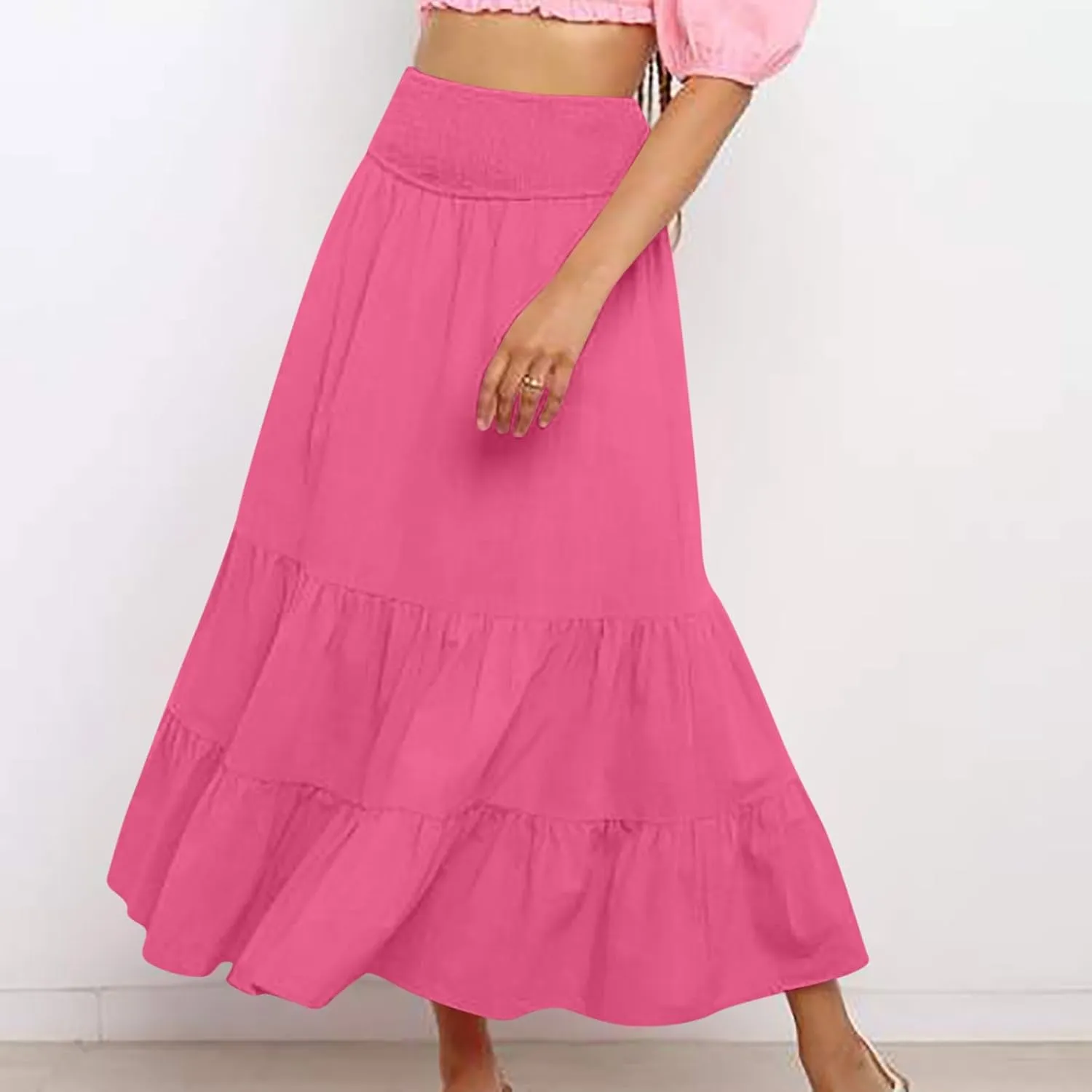 Women A-Line Pleated Elastic High Waist Maxi Skirt Ankle Length Flowy Swing Elegant Dressy Casual Work Long Skirts