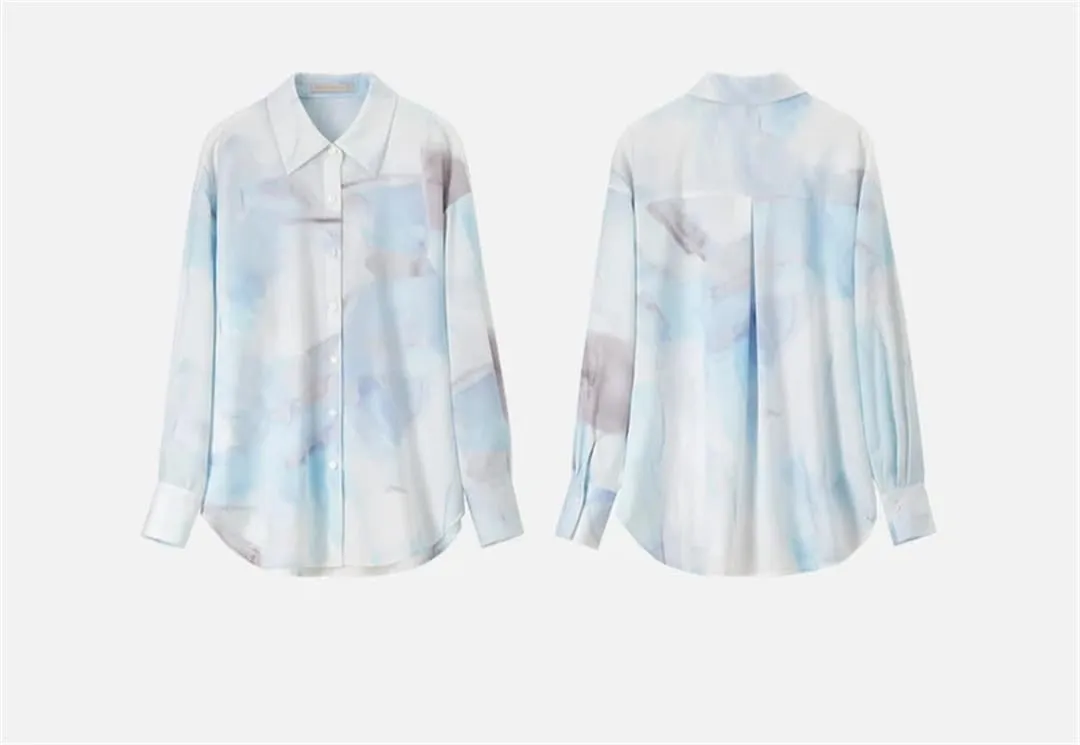 Women Art Print Casual Shirt Loose Turn-Down Collar Long Sleeve Shirts Office Lady Loose Tops