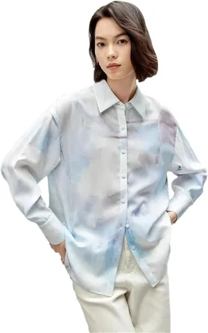 Women Art Print Casual Shirt Loose Turn-Down Collar Long Sleeve Shirts Office Lady Loose Tops