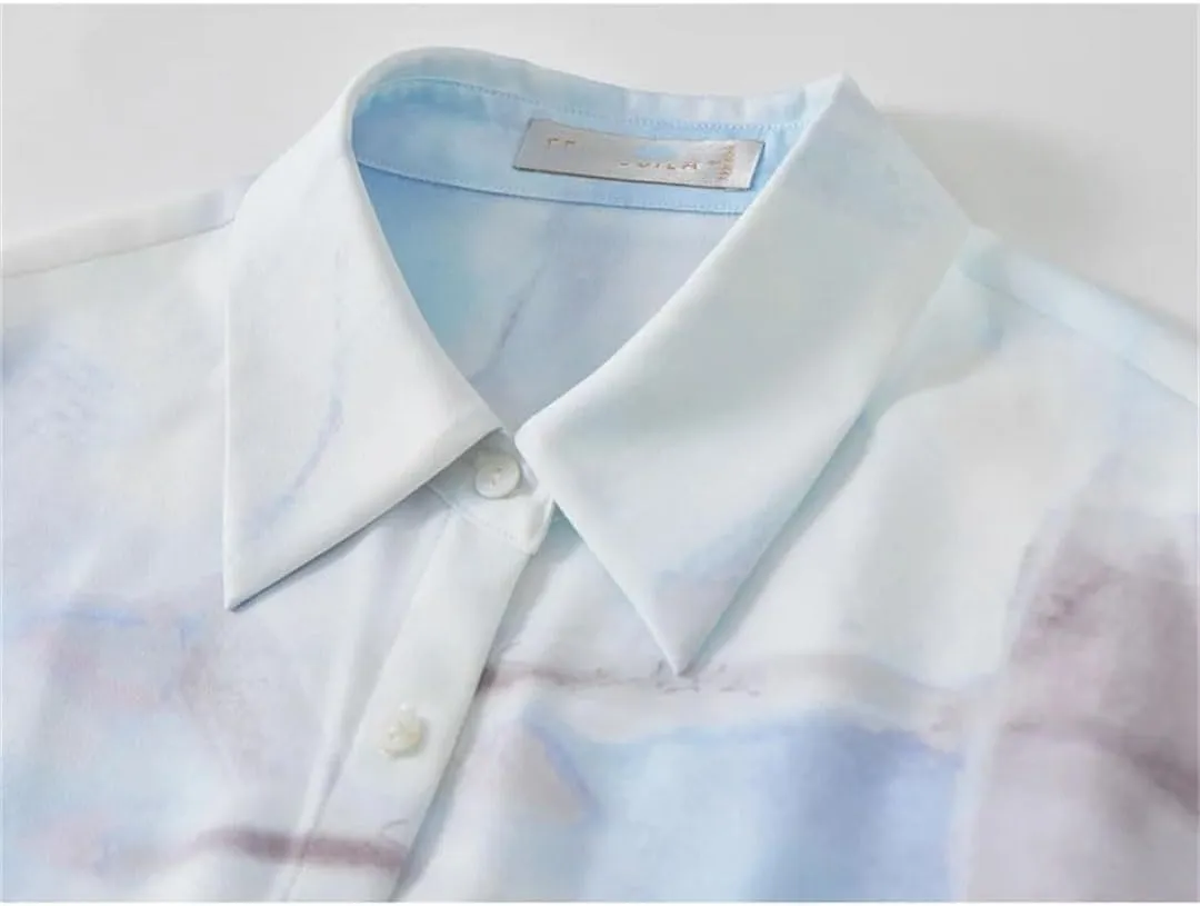 Women Art Print Casual Shirt Loose Turn-Down Collar Long Sleeve Shirts Office Lady Loose Tops